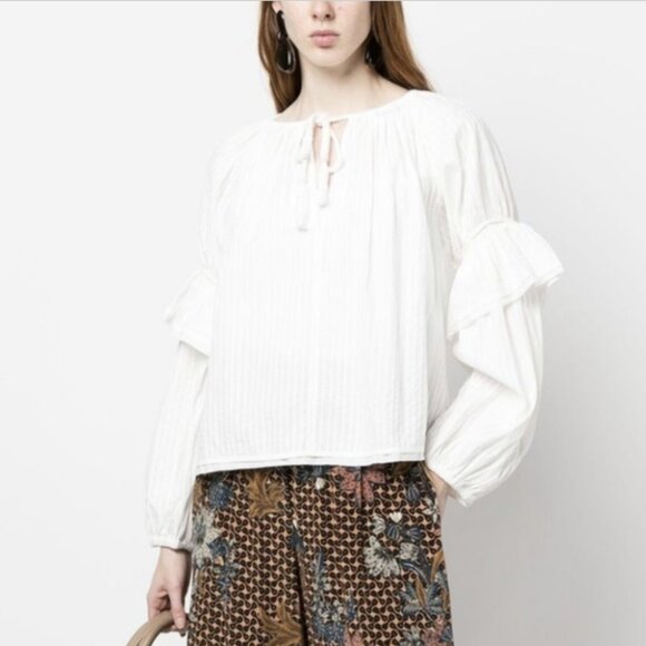 Ulla Johnson Tops - Ulla Johnson Tie-Front Puff-Sleeve Blouse 100% Cotton Ribbed White Size 0